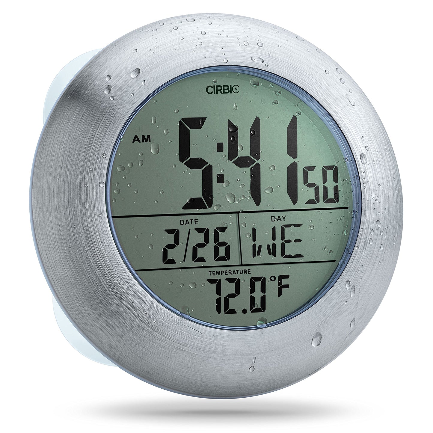 Cirbic Extra Large Shower Clock with Suction Cups, Date and Temperature, Water Resistant Clock for Bathroom