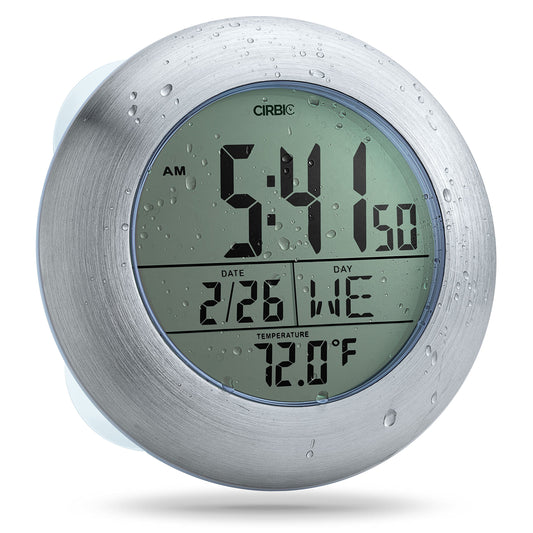 Cirbic Extra Large Shower Clock with Suction Cups, Date and Temperature, Water Resistant Clock for Bathroom